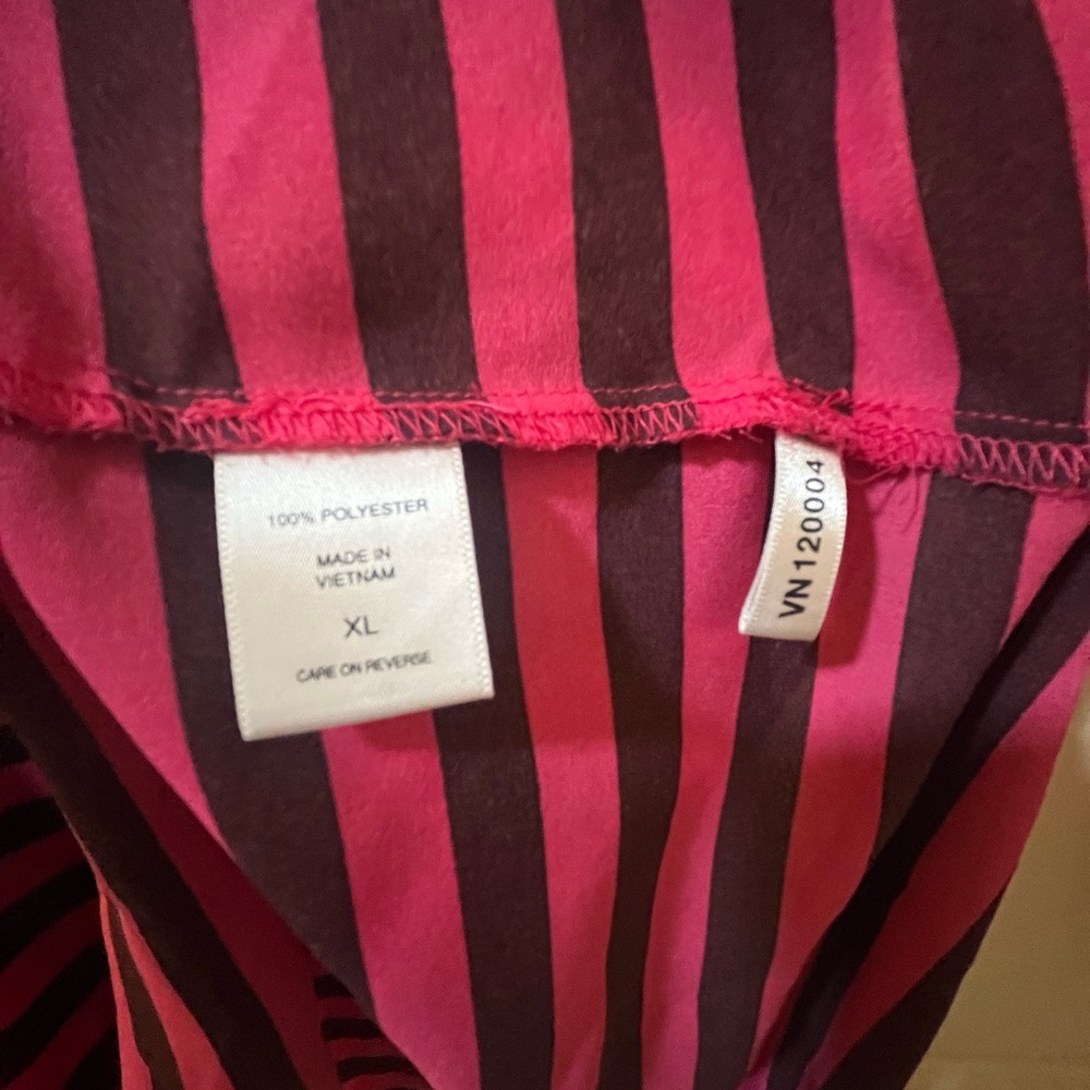 Hot Pink and Black Striped Collared V-Neck Blouse - Picture 4 of 5